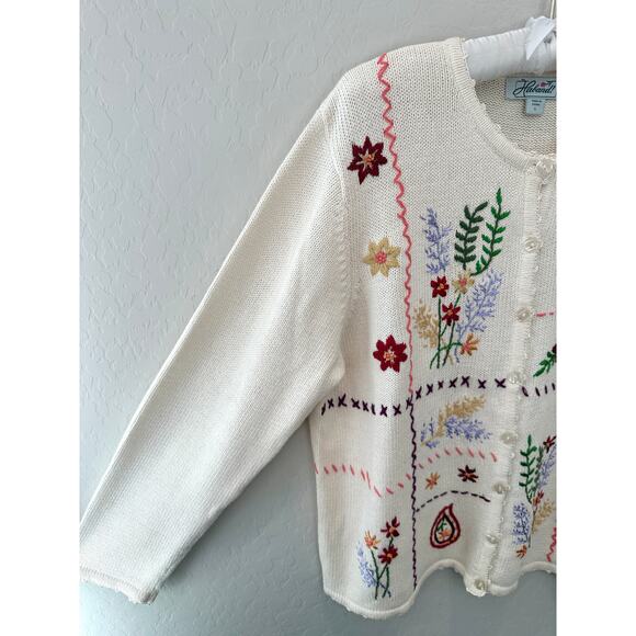 HABAND! | Vintage 90s Floral Embroidered Cream Cardigan Sweater | Size Large - Picture 4 of 10